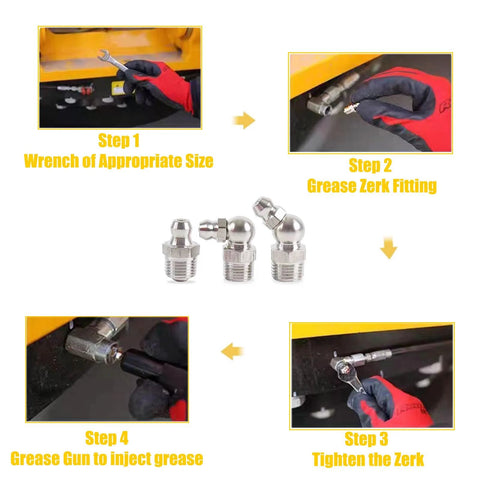 Heavy Duty Grease Fitting Assortment Kit With Eighteen Five Sixteenths By Twenty Four UNF Zerk Fittings, installation steps
