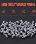 One Eighth Inch Twenty Seven Zerk Grease Fittings Kit With Wrench For Quick Installation displayed on a black background