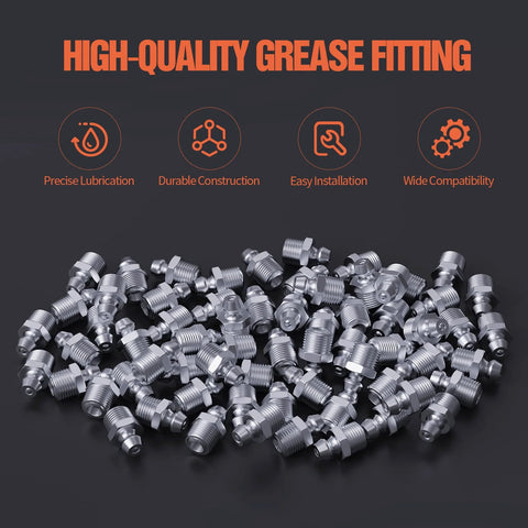 One Eighth Inch Twenty Seven Zerk Grease Fittings Kit With Wrench For Quick Installation displayed on a black background