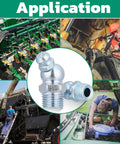 Grease Fittings Set All In One 240 Piece SAE And Metric Zerk Fittings NPT Quarter Inch And Eighth Inch M6 M8 M10 Straight And Angled 45 Degree And 90 Degree Nipples With Wrench Kit For Grease Gun Galvanized Steel Construction By Ouru shown in industrial and automotive applications