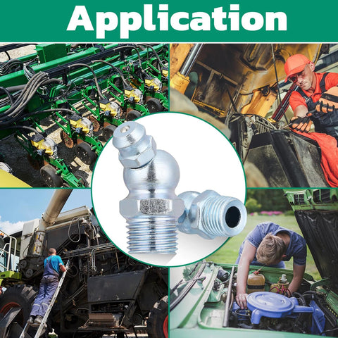 Grease Fittings Set All In One 240 Piece SAE And Metric Zerk Fittings NPT Quarter Inch And Eighth Inch M6 M8 M10 Straight And Angled 45 Degree And 90 Degree Nipples With Wrench Kit For Grease Gun Galvanized Steel Construction By Ouru shown in industrial and automotive applications