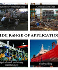 Collage showing applications for 60 Piece Galvanized Grease Fittings Kit: automotive maintenance, construction, agriculture, shipbuilding