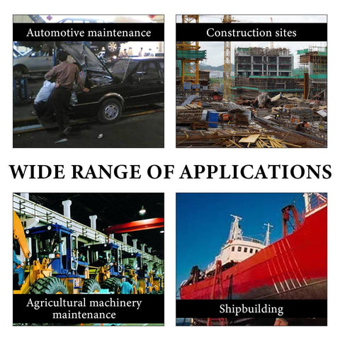 Collage showing applications for 60 Piece Galvanized Grease Fittings Kit: automotive maintenance, construction, agriculture, shipbuilding