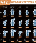 250 Pcs SAE And Metric Grease Fittings Assortment With Wrench Kit for garage and farm equipment, various angles and sizes.