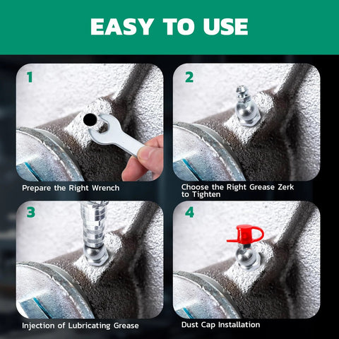 Grease Fittings Kit OURU 50 Pack M6 90 Degree Zerk Grease Fittings With Caps And 9mm Wrench for easy installation steps