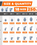 Grease Fittings Kit 250 Piece Assortment With 18 SAE And Metric Zerk Fittings, showing size and quantity chart.