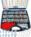 All In One Grease Fittings Kit With 405 Pcs SAE And Metric Zerk Fittings Including NPT One Quarter Inch And One Eighth Inch M6 M8 M10 Straight 45 90 Degree Angles Caps And Wrench Galvanized Steel For Long Lasting Rust Resistance And Smooth Grease Gun Fit displayed in open case with wrenches and caps