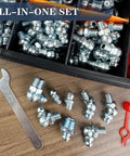 All In One Grease Fittings Kit With 405 Pcs SAE And Metric Zerk Fittings Including NPT One Quarter Inch And One Eighth Inch M6 M8 M10 Straight 45 90 Degree Angles Caps And Wrench on wood surface
