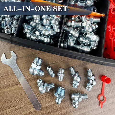 All In One Grease Fittings Kit With 405 Pcs SAE And Metric Zerk Fittings Including NPT One Quarter Inch And One Eighth Inch M6 M8 M10 Straight 45 90 Degree Angles Caps And Wrench on wood surface