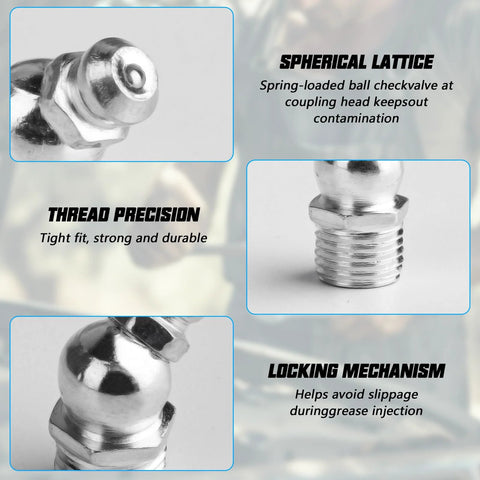 Close-up of 70 Pcs Metric Grease Fittings Assortment Kit Featuring M6 M8 M10 Zerk Fittings with spherical lattice and thread precision.