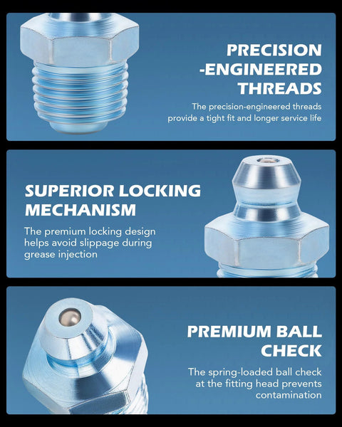 Grease Fittings Kit 150 Piece SAE Hydraulic Zerk Assortment showing precision threads, locking mechanism, and ball check.
