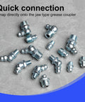 All In One 100 Piece SAE And Metric Grease Fittings Kit showing various galvanized steel fittings for automotive use