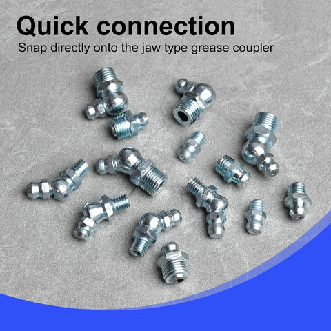 All In One 100 Piece SAE And Metric Grease Fittings Kit showing various galvanized steel fittings for automotive use