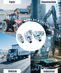 Collage of tractor, excavator, truck, and industrial machine with grease fittings, showing All In One Grease Fittings Kit With 405 Pcs SAE and Metric.