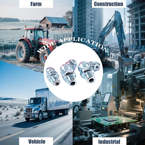 Collage of tractor, excavator, truck, and industrial machine with grease fittings, showing All In One Grease Fittings Kit With 405 Pcs SAE and Metric.