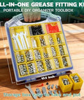 Grease Fittings Kit with DIY Portable Storage Case for 330 PCS SAE and Metric Zerk Fittings, dust caps, and wrench set on wooden table.