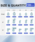 Chart of All In One 100 Piece SAE And Metric Grease Fittings Kit showing sizes and quantities of straight, 45 and 90-degree heads in galvanized steel.