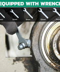 Close-up of 260-Piece Grease Fittings Kit with wrench on zerk fitting for easy lubrication, 7-11mm sizes shown, equipped with wrench.
