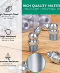 Grease Fittings Set All In One 240 Piece SAE And Metric Zerk Fittings NPT Quarter Inch And Eighth Inch M6 M8 M10 Straight And Angled 45 Degree And 90 Degree Nipples With Wrench Kit For Grease Gun Galvanized Steel Construction By Ouru displayed on wooden surface highlighting high strength, hardness, and corrosion resistance.