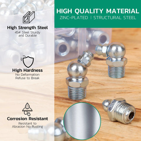 Grease Fittings Set All In One 240 Piece SAE And Metric Zerk Fittings NPT Quarter Inch And Eighth Inch M6 M8 M10 Straight And Angled 45 Degree And 90 Degree Nipples With Wrench Kit For Grease Gun Galvanized Steel Construction By Ouru displayed on wooden surface highlighting high strength, hardness, and corrosion resistance.