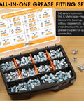 Open box showing the One-Stop 240-Piece Grease Fittings Set For SAE And Metric Zerk Nipples with detailed chart inside lid.