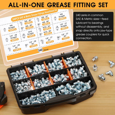 Open box showing the One-Stop 240-Piece Grease Fittings Set For SAE And Metric Zerk Nipples with detailed chart inside lid.