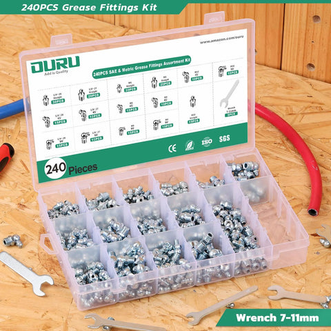 Open box of Grease Fittings Set All In One 240 Piece SAE And Metric Zerk Fittings with wrench kit on wooden background