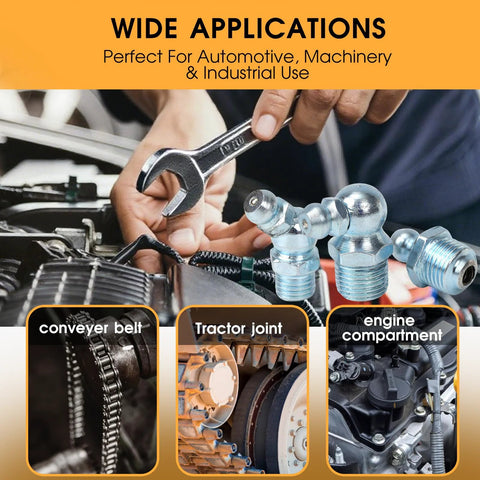 Mechanic using One-Stop 240-Piece Grease Fittings Set for SAE and Metric Zerk Nipples, wide applications in automotive machinery.
