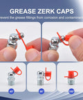 Grease zerk caps from All In One 100 Piece SAE And Metric Grease Fittings Kit with angles of 45, 90, and 180 degrees for automotive use.