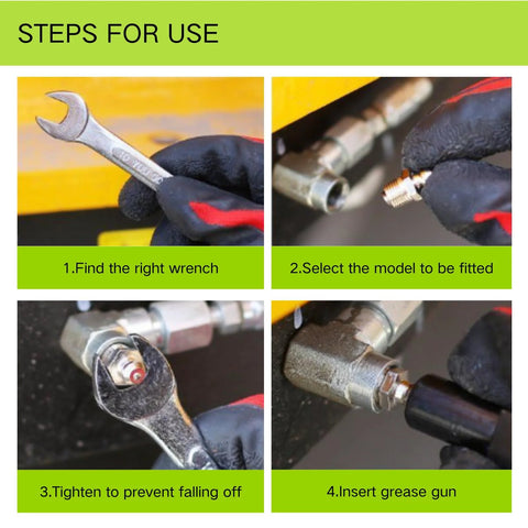 Pro Grade 27 Pcs SAE And Metric Grease Fittings Assortment Kit usage steps with wrench, fittings selection, tightening, and grease gun insertion