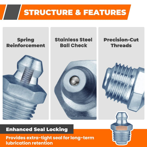 Close-up of grease fittings showing spring reinforcement, stainless steel ball check, precision threads from Complete 100 Piece Grease Fittings Assortment Kit With 18 SAE And Metric Zerk Fittings Including UNF NPT One Quarter Inch And One Eighth Inch M6 M8 M10 Straight 45 Degree And 90 Degree Options For Quick Lubrication With Grease Guns Noxtren