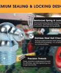 Close-up of a grease fitting from the One-Stop 240-Piece Grease Fittings Set with text highlighting spring, ball check, and threads.