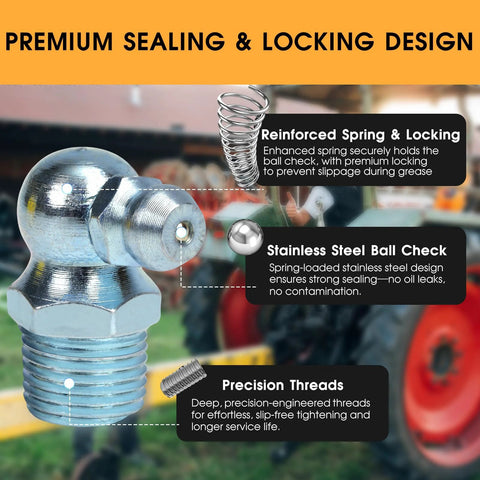 Close-up of a grease fitting from the One-Stop 240-Piece Grease Fittings Set with text highlighting spring, ball check, and threads.