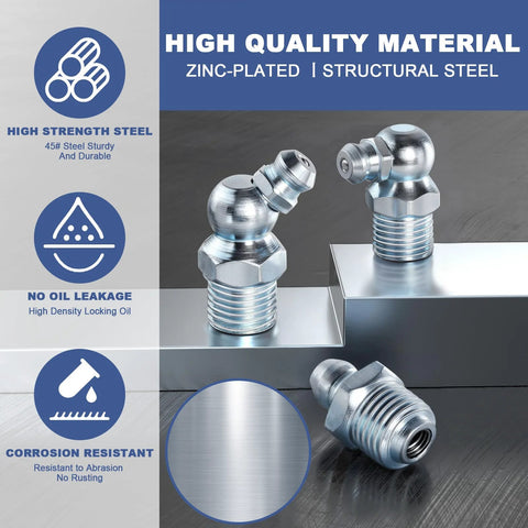 Grease Fittings Assortment Kit With SAE And Metric Zerk Fittings 255 Pieces zinc-plated structural steel close-up