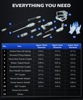 Grease Gun Accessory Kit, 11 Piece Grease Gun Coupler Set illustrated with parts list and dimensions, includes gloves and hose holder.