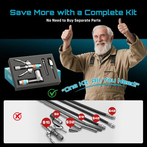 Grease Gun Accessory Kit with Quick-Release Coupler, 90 Degree Grease Gun Coupler Adapter, 12 Inch Flexible Hose, and Needle Tips, GR04P