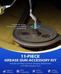 Grease Gun Accessory Kit, 11 Piece Grease Gun Coupler Set for Hard to Reach Grease Fittings in use on machinery.