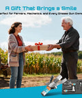 Two people exchanging a gift box in a field with a Grease Gun Accessory Kit image inset including Quick-Release Coupler, GR04P.