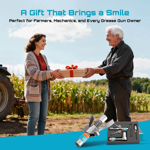 Two people exchanging a gift box in a field with a Grease Gun Accessory Kit image inset including Quick-Release Coupler, GR04P.