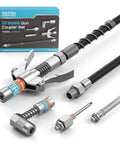 Grease Gun Accessory Kit with Quick-Release Coupler, 90 Degree Adapter, 12 Inch Hose, and 2 Needle Tips, model GR04P displayed.