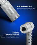 Close-up of knurled bands and spring-loaded sleeve from Grease Gun Accessory Kit, 11 Piece Grease Gun Coupler Set for Hard to Reach Grease Fittings