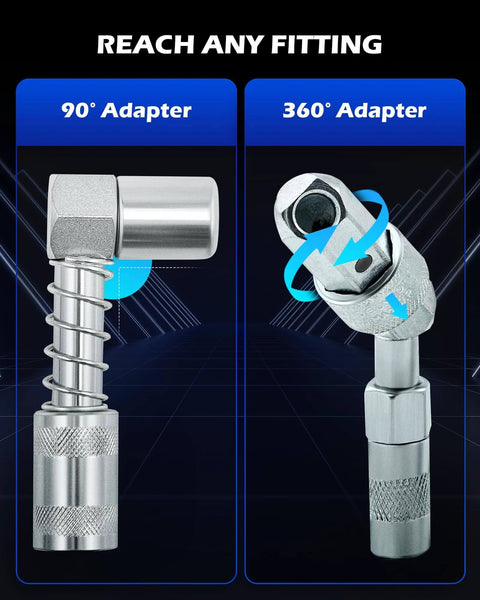 90° and 360° adapters from Grease Gun Accessory Kit, 11 Piece Grease Gun Coupler Set for Hard to Reach Grease Fittings
