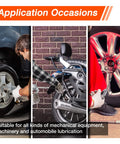 Three applications of Mini Grease Gun Kit 3500 PSI With 3 Oz Grease, used on car wheel, motorcycle, and machinery lubrication.