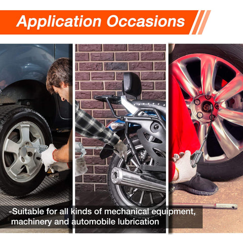 Three applications of Mini Grease Gun Kit 3500 PSI With 3 Oz Grease, used on car wheel, motorcycle, and machinery lubrication.