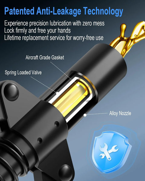Heavy Duty Grease Gun Coupler With Leakproof Quick Lock Release, 10,000 PSI High Pressure, alloy nozzle, and spring-loaded valve close-up