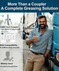 Smiling man giving thumbs up next to truck with All In One Grease Gun Coupler Kit With 60 Grease Fittings For Hands Free Greasing Zerk Fittings