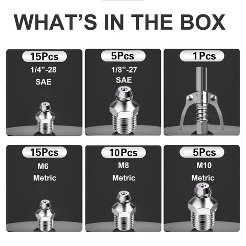 Image showing contents of All In One Grease Gun Coupler Kit with 60 grease fittings, including SAE and metric sizes, as listed in the box.