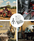 All In One Grease Gun Coupler Kit With 60 Grease Fittings for Hands Free Greasing, shown with tractors and machinery in various settings