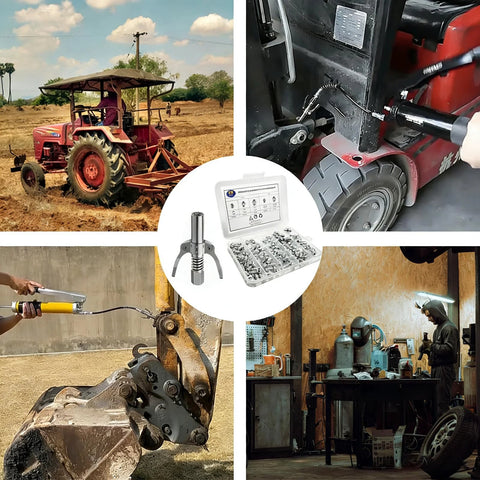 All In One Grease Gun Coupler Kit With 60 Grease Fittings for Hands Free Greasing, shown with tractors and machinery in various settings