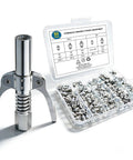 All In One Grease Gun Coupler Kit with 60 Grease Fittings, steel construction, hands-free, compatible with metric and SAE sizes.